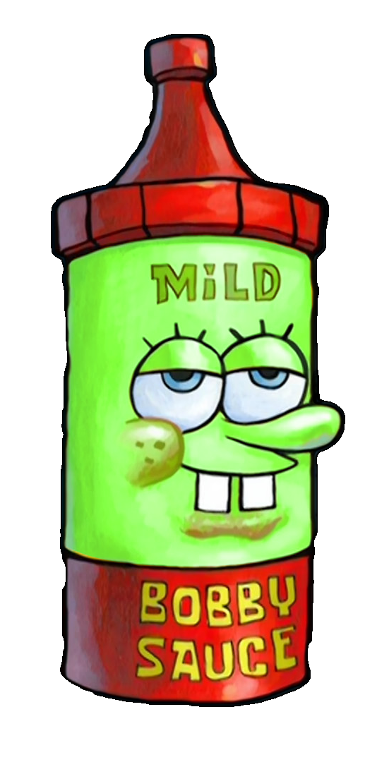 A bottle of mild bobby sauce, hue shifted so that Spongebob's trademark yellow look appears green.