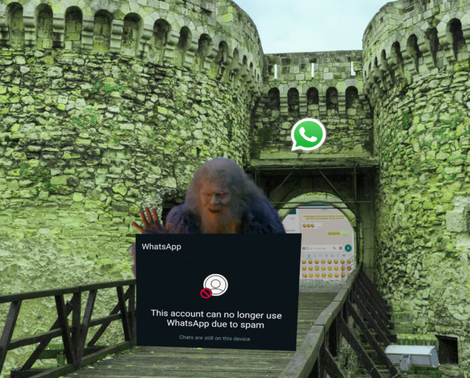 A fortress with a drawbridge. On the drawbridge, a gatekeeper guards the way with WhatsApp's notification that a user has been blocked for spam. In the background, through the portcullis, is a WhatsApp group chat.