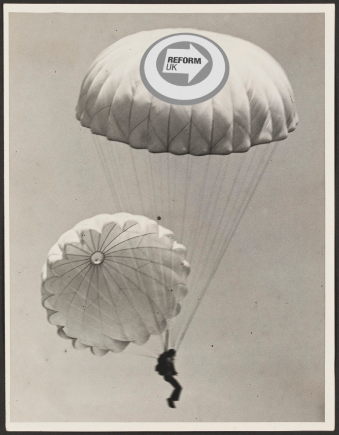 An old photograph of a parachute jumper. The image has been edited. The UK's Reform Party logo has been composited onto one of the parachutes.