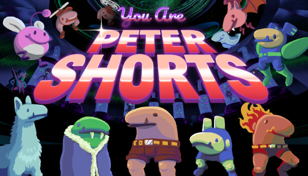 The game's banner art on Steam. The game's logo is surrounded by art of (clockwise right to left) Bird Peter, Bat Peter, Wind Peter, Fire Peter, Elec Peter, Peter Shorts, Ice Peter, Alpaca Peter, Bug, and two Propellor Peters. Dr. Von Schnabel, the game's antagonist, watches on from the background.