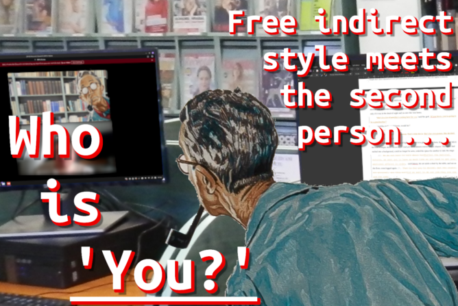 The artist from Normal Rockwell's 'Triple Self-Portrait' sits at dual monitors in an office. His reflection stares back at him from a Discord call. Caption: 'Free indirect style meets the second person... Who is 'You?'